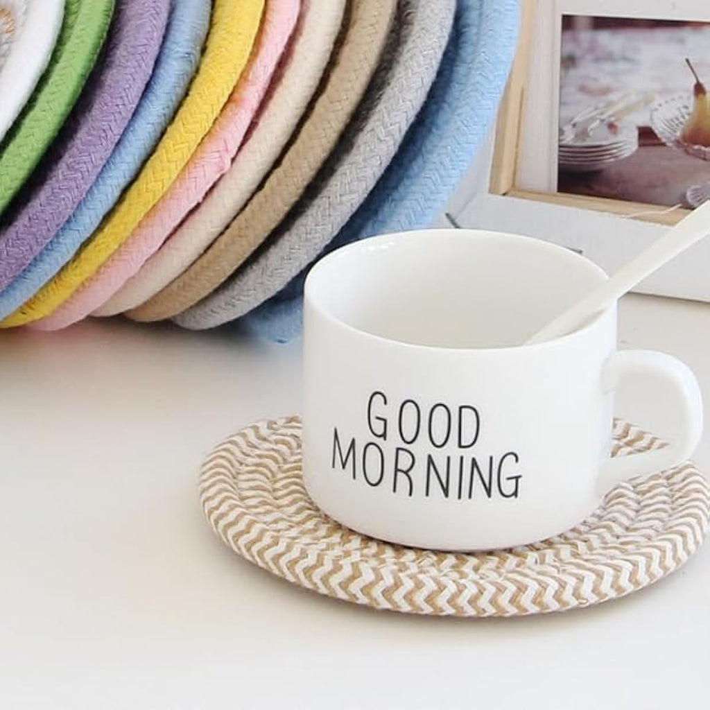 Handmade Woven Cotton Coasters - Set of 8 with Holder, Absorbent, Protects Tabletop - 4.3 Inch Diameter, 8 Colors