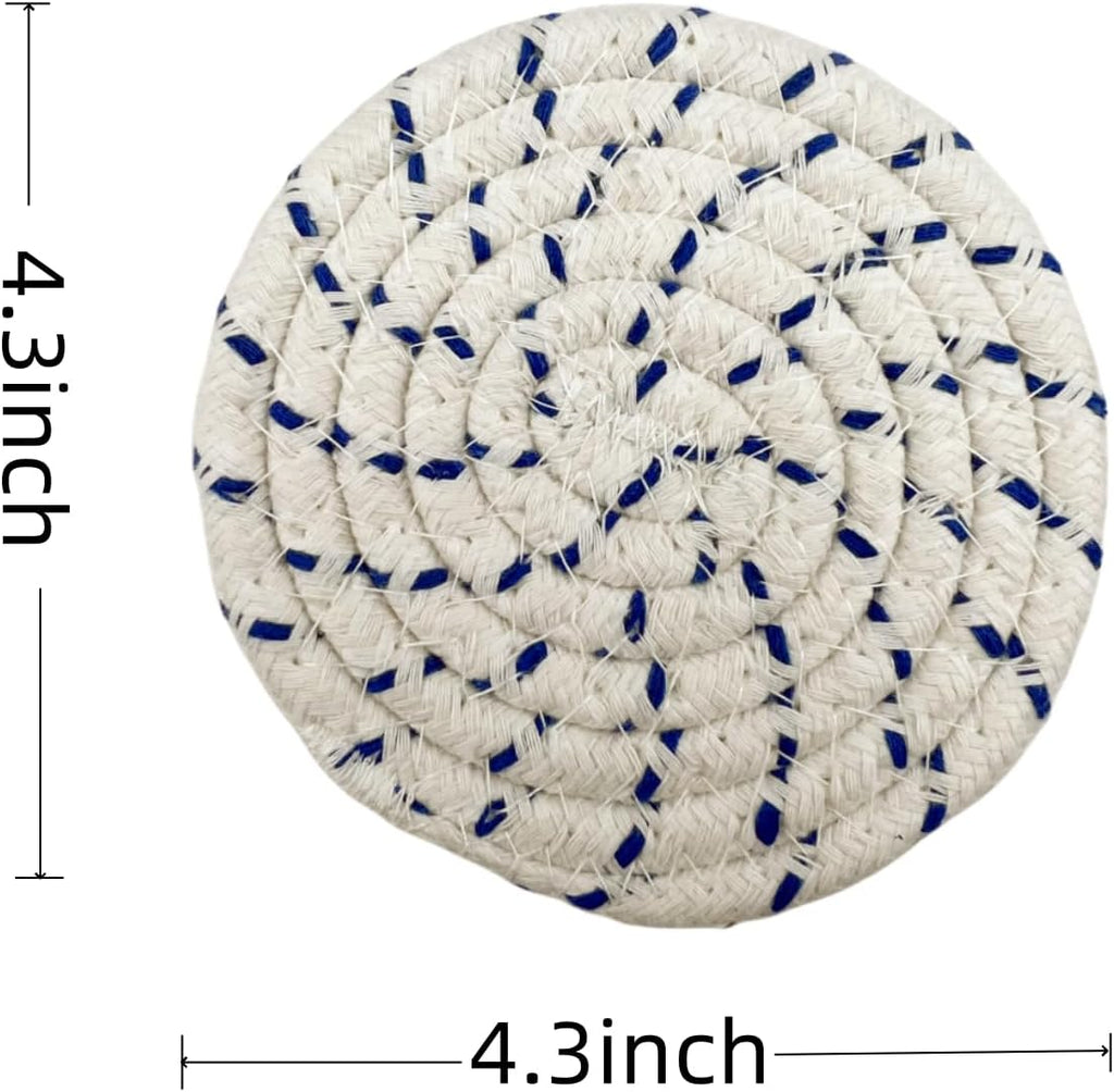 Handmade Woven Cotton Coasters - Set of 8 with Holder, Absorbent, Protects Tabletop - 4.3 Inch Diameter, 8 Colors