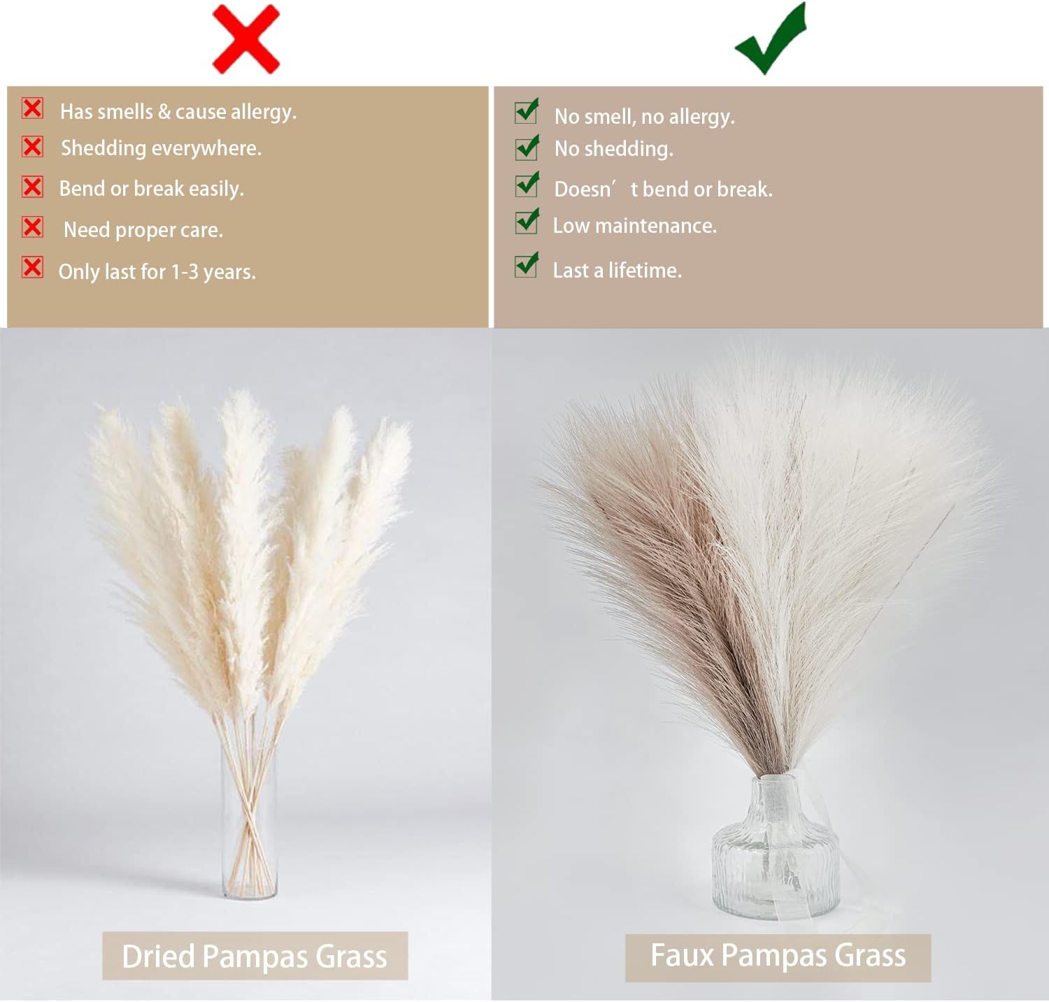 SIMPLECOOL Faux Pampas Grass Decor. 6 Stems 17” Short Artificial Pampas Grass. Room Decor Aesthetic. Boho Decor for Home Living Room, Pompas Floral for Wedding Christmas.