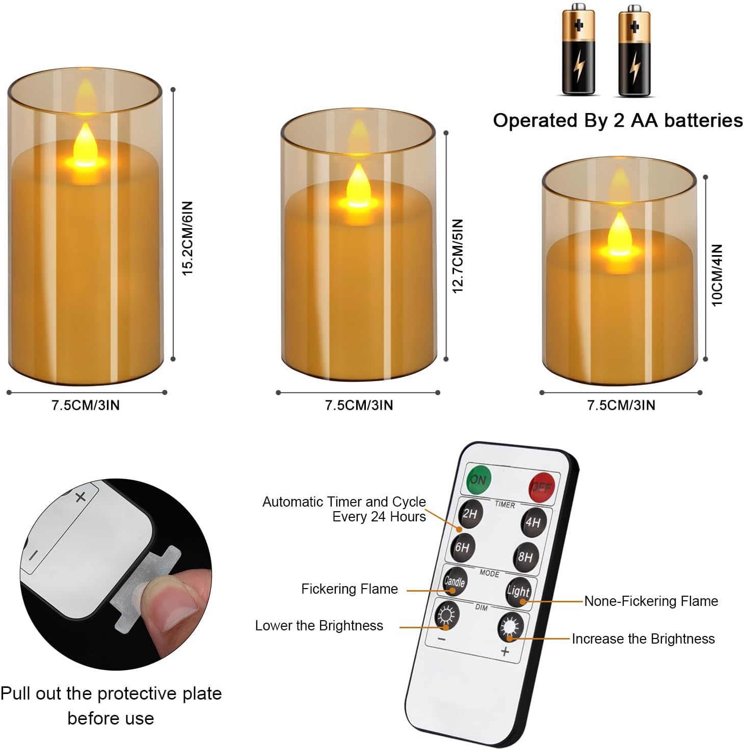 Flameless Candles 4" 5" 6" Set of 3 Acrylic Glass Pillars 3" Diameter Battery Operated Flickering Candles Include Remote with Timer for Home Decor Wedding Festival Cafe Restaurant Decor