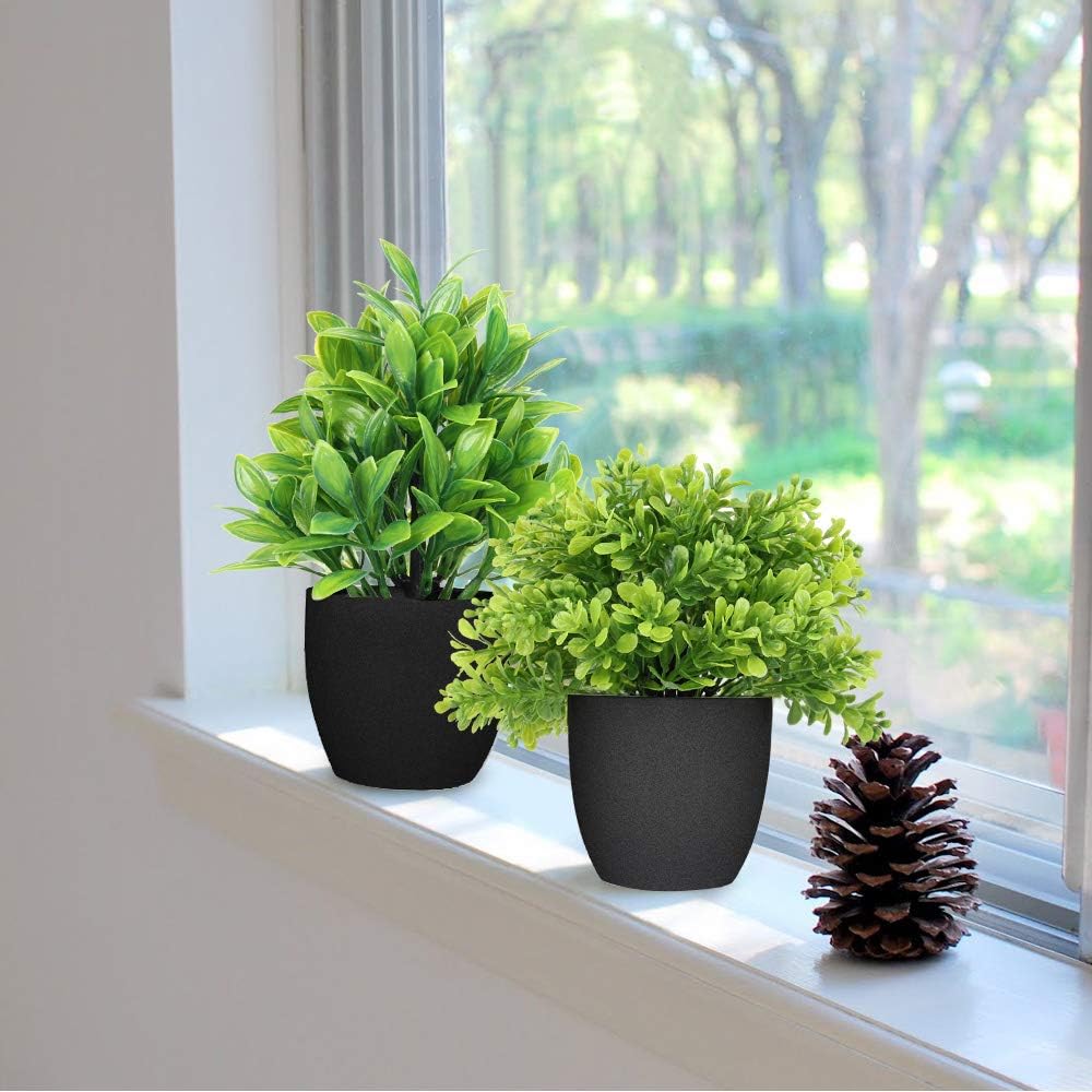 Artificial Potted Plants Mini Fake Plants, 3 Pack Medium Eucalyptus Artificial Plants Outdoor Potted Faux Decorative Grass Boxwood Plant with Black Pot for Indoor, Office, Desk, Table Decoration