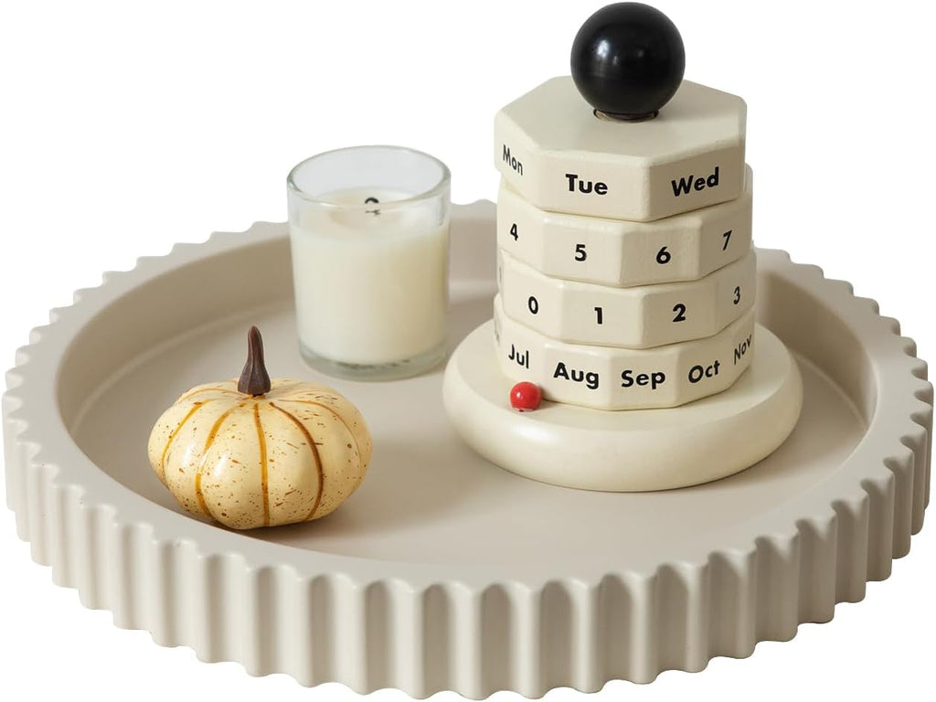 11" Round Concrete Coffee Table Tray – Decorative Tray with Wave Edge Design & Non-Slip Base, Modern Coffee Table Decor for Candles, Plants (Beige)