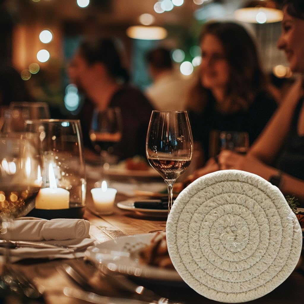 Handmade Woven Cotton Coasters - Set of 8 with Holder, Absorbent, Protects Tabletop - 4.3 Inch Diameter, 8 Colors