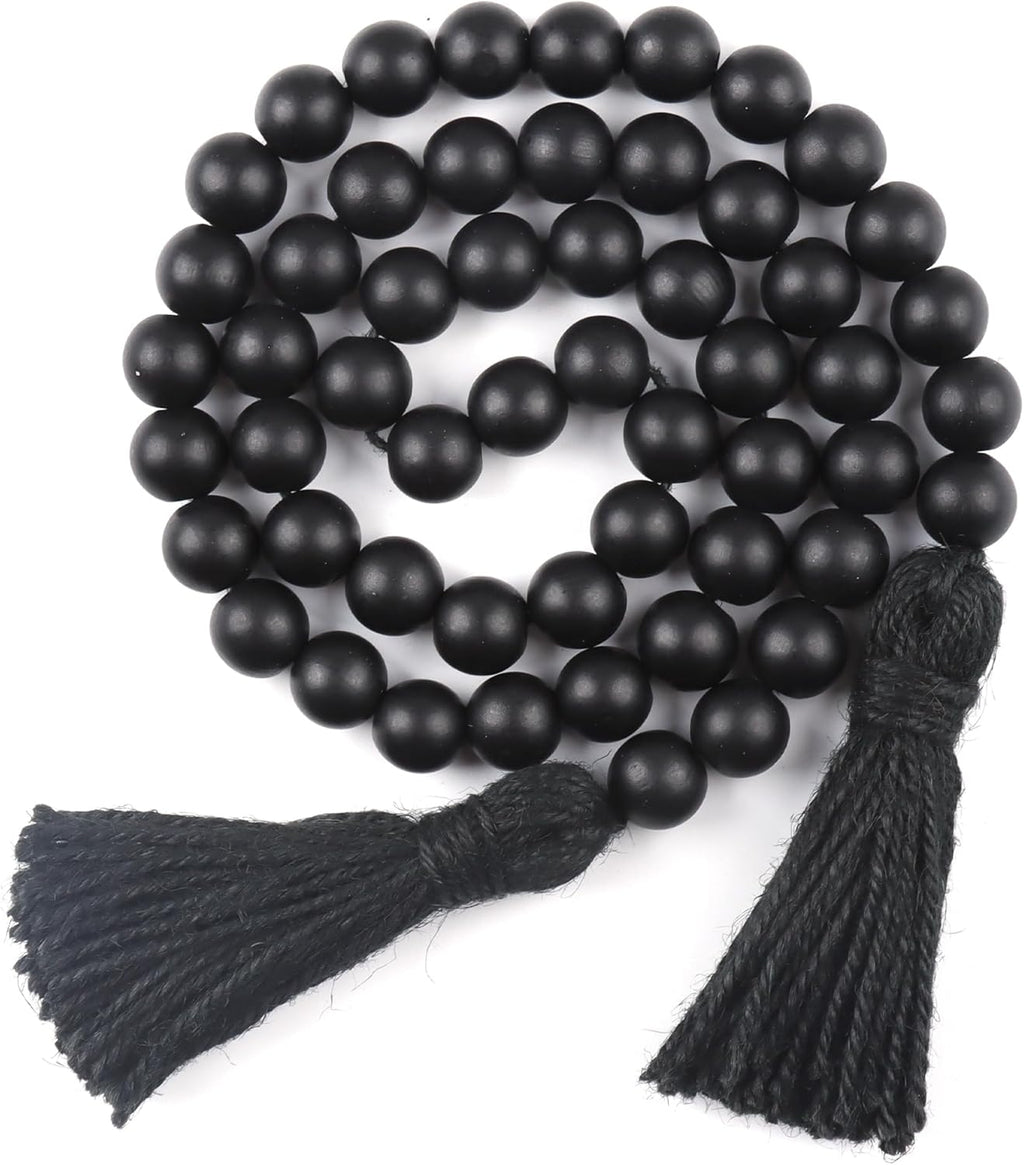 Wood Beads Garland with Tassels Farmhouse Rustic Prayer Boho Beads for Boho Home Decor, Wall Hanging Decoration (Black)