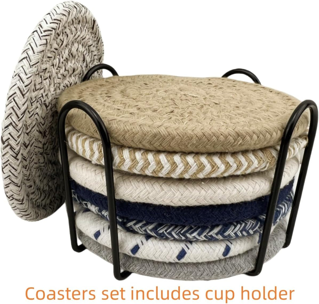 Handmade Woven Cotton Coasters - Set of 8 with Holder, Absorbent, Protects Tabletop - 4.3 Inch Diameter, 8 Colors
