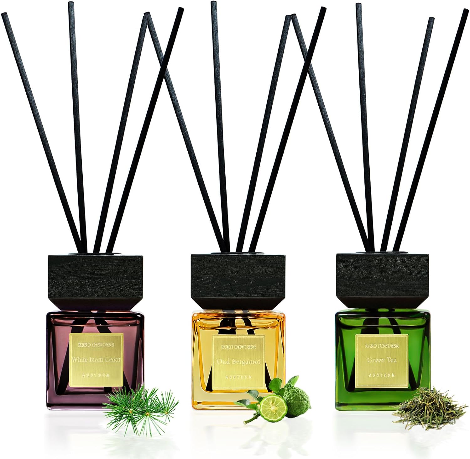 Reed Diffuser Set of 3, White Birch Cedar & Oud Bergamot & Green Tea Essential Oil with 15 Diffuser Sticks, Hotel Collection Bathroom Air Fresheners, 50ml Home Fragrance for Room Decor