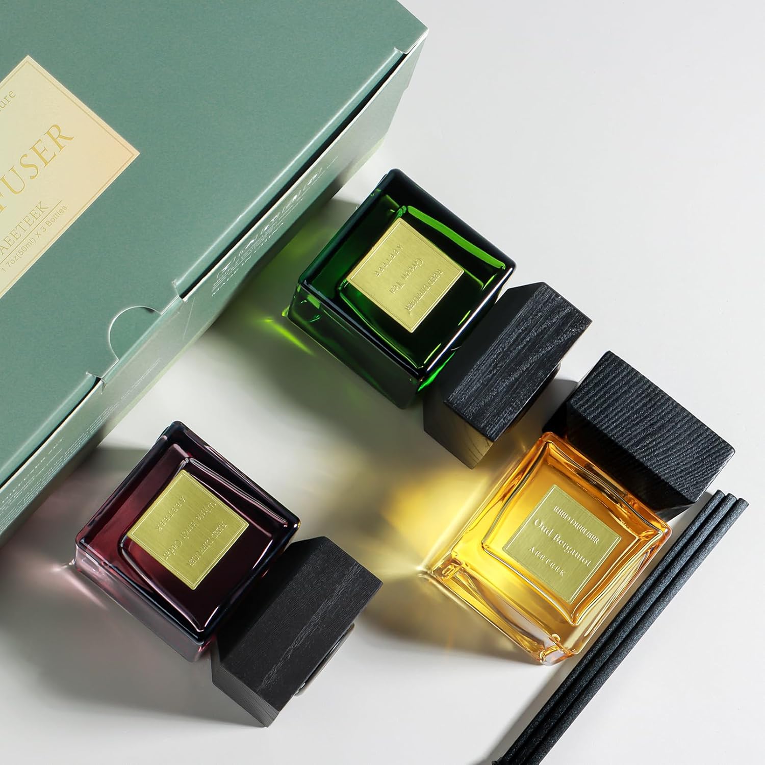 Reed Diffuser Set of 3, White Birch Cedar & Oud Bergamot & Green Tea Essential Oil with 15 Diffuser Sticks, Hotel Collection Bathroom Air Fresheners, 50ml Home Fragrance for Room Decor