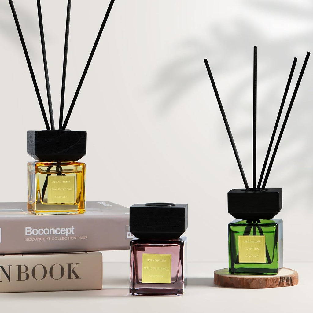 Reed Diffuser Set of 3, White Birch Cedar & Oud Bergamot & Green Tea Essential Oil with 15 Diffuser Sticks, Hotel Collection Bathroom Air Fresheners, 50ml Home Fragrance for Room Decor