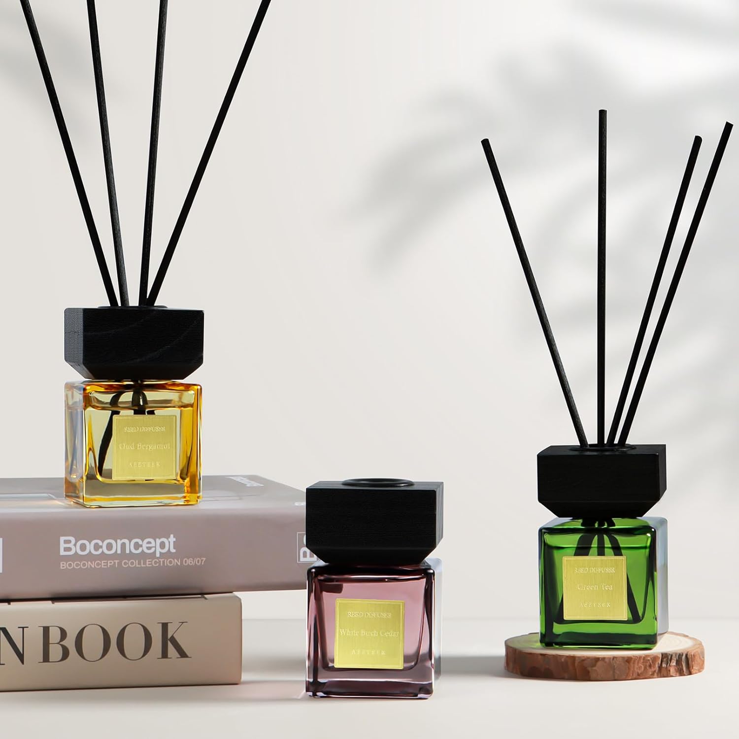 Reed Diffuser Set of 3, White Birch Cedar & Oud Bergamot & Green Tea Essential Oil with 15 Diffuser Sticks, Hotel Collection Bathroom Air Fresheners, 50ml Home Fragrance for Room Decor