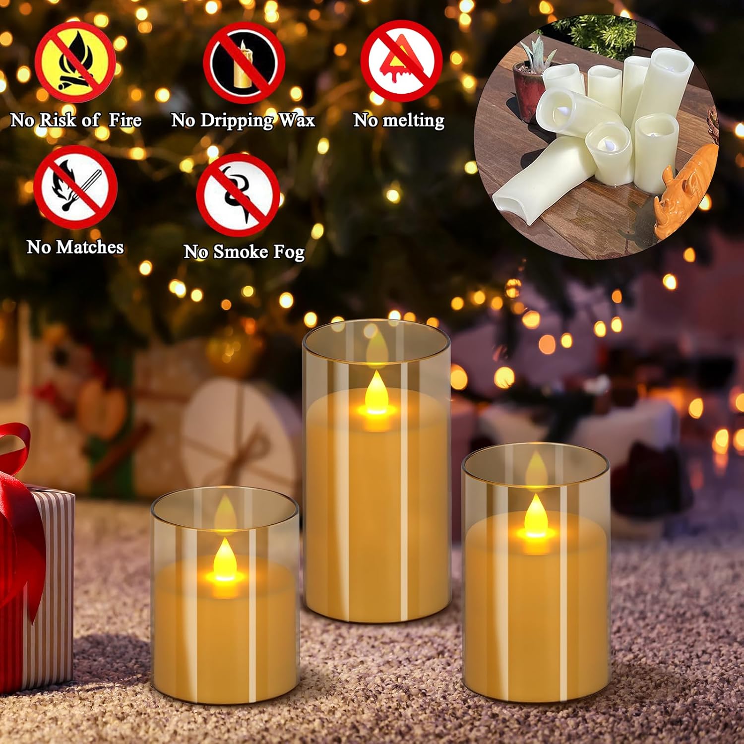 Flameless Candles 4" 5" 6" Set of 3 Acrylic Glass Pillars 3" Diameter Battery Operated Flickering Candles Include Remote with Timer for Home Decor Wedding Festival Cafe Restaurant Decor