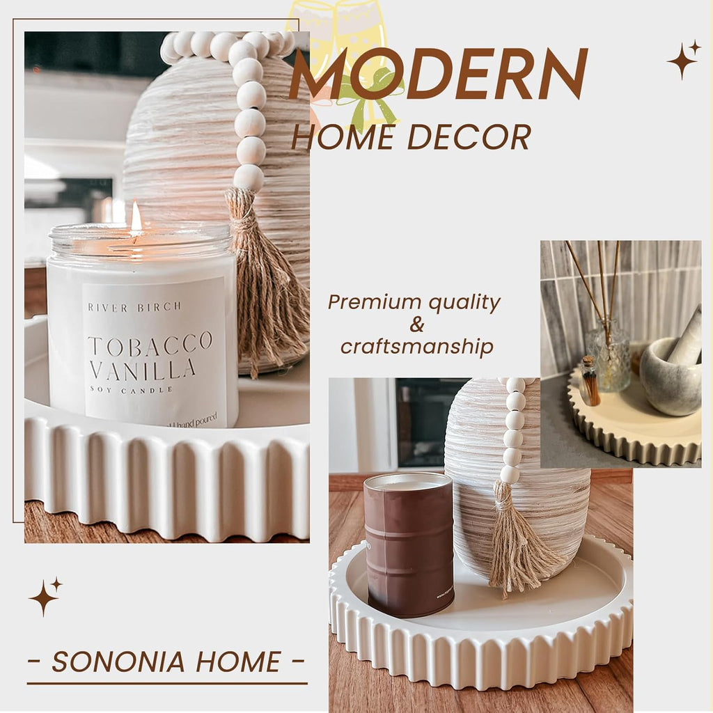 11" Round Concrete Coffee Table Tray – Decorative Tray with Wave Edge Design & Non-Slip Base, Modern Coffee Table Decor for Candles, Plants (Beige)