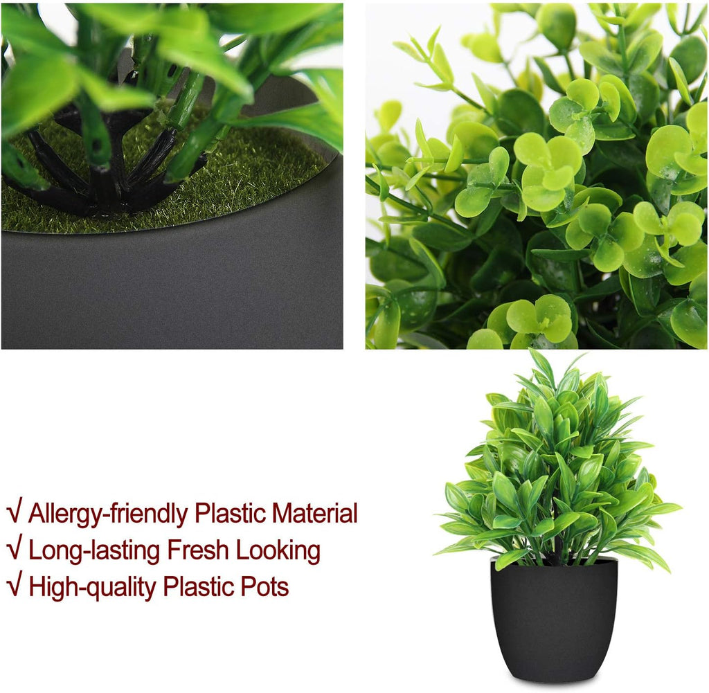 Artificial Potted Plants Mini Fake Plants, 3 Pack Medium Eucalyptus Artificial Plants Outdoor Potted Faux Decorative Grass Boxwood Plant with Black Pot for Indoor, Office, Desk, Table Decoration