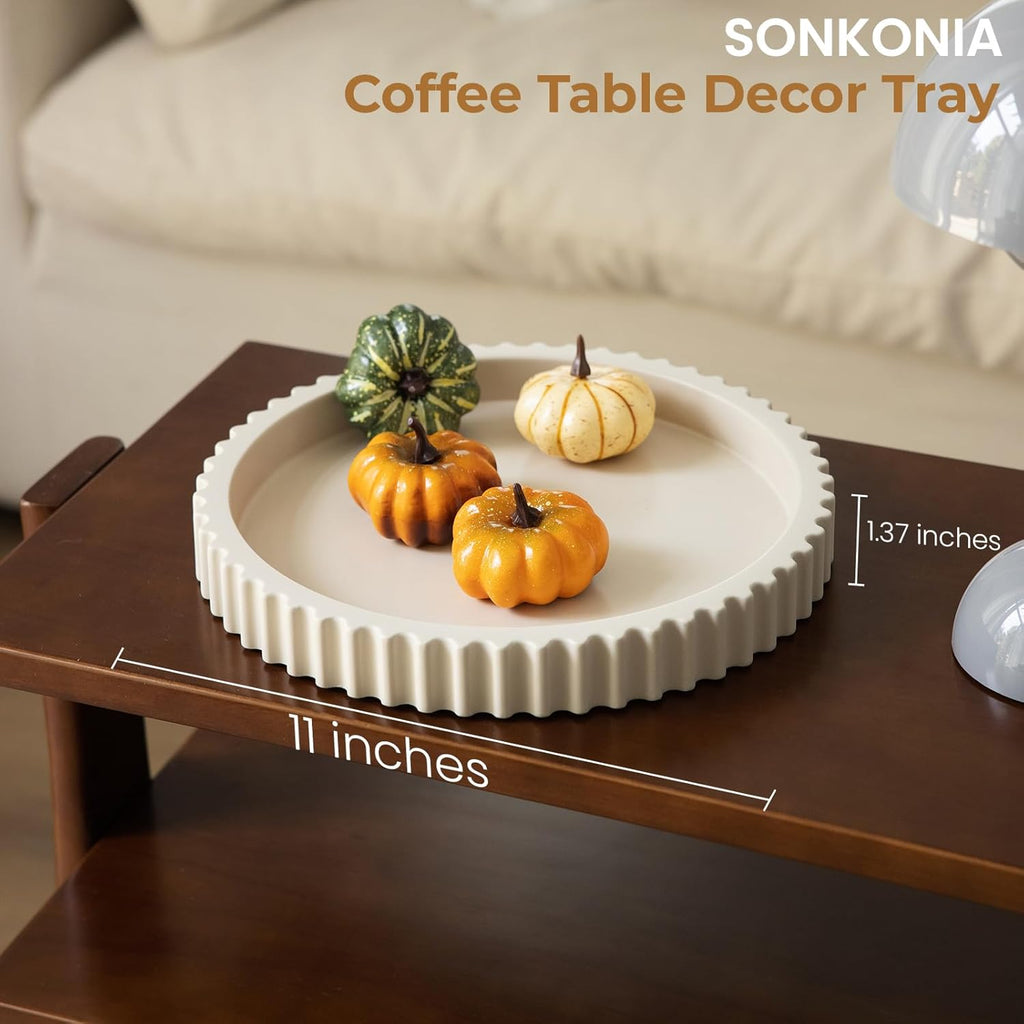 11" Round Concrete Coffee Table Tray – Decorative Tray with Wave Edge Design & Non-Slip Base, Modern Coffee Table Decor for Candles, Plants (Beige)