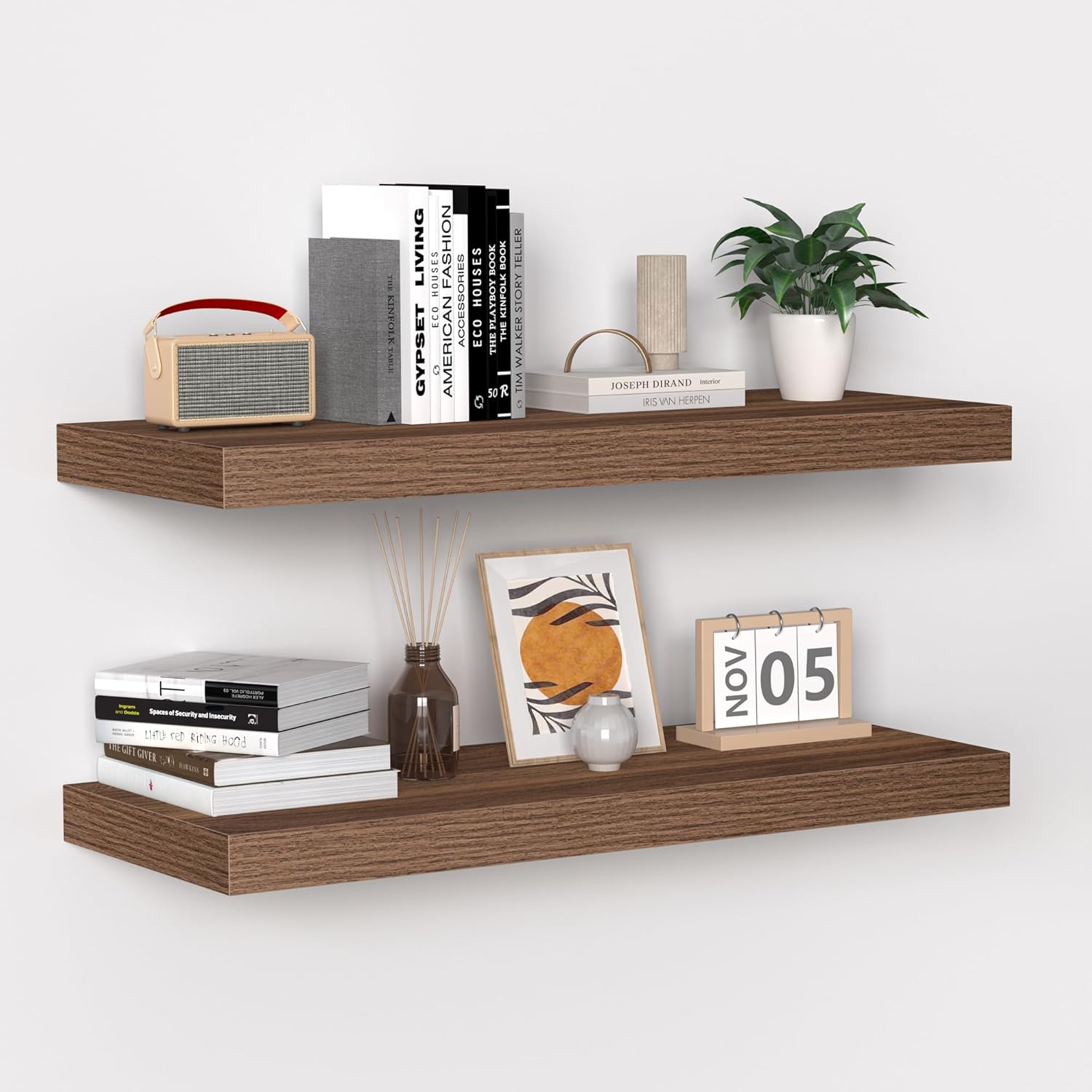 Fun Memories Floating Shelves - 16 Inch Wall Shelf for Decor & Storage - Wall Mounted Display Shelving with Invisible Heavy-Duty Metal Bracket 2Pack, Walnut