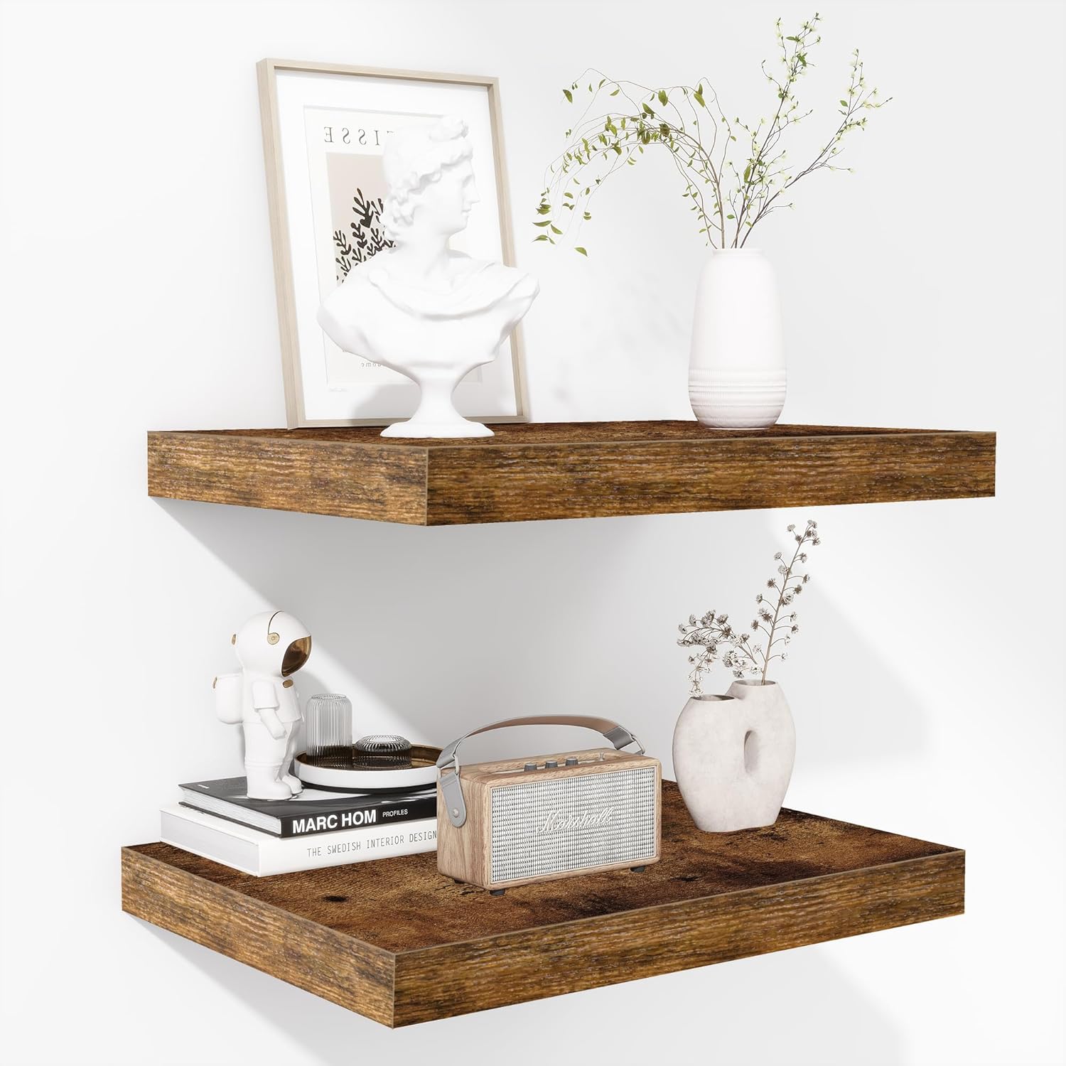 Fun Memories Floating Shelves - 16 Inch Wall Shelf for Decor & Storage - Wall Mounted Display Shelving with Invisible Heavy-Duty Metal Bracket 2Pack, Walnut