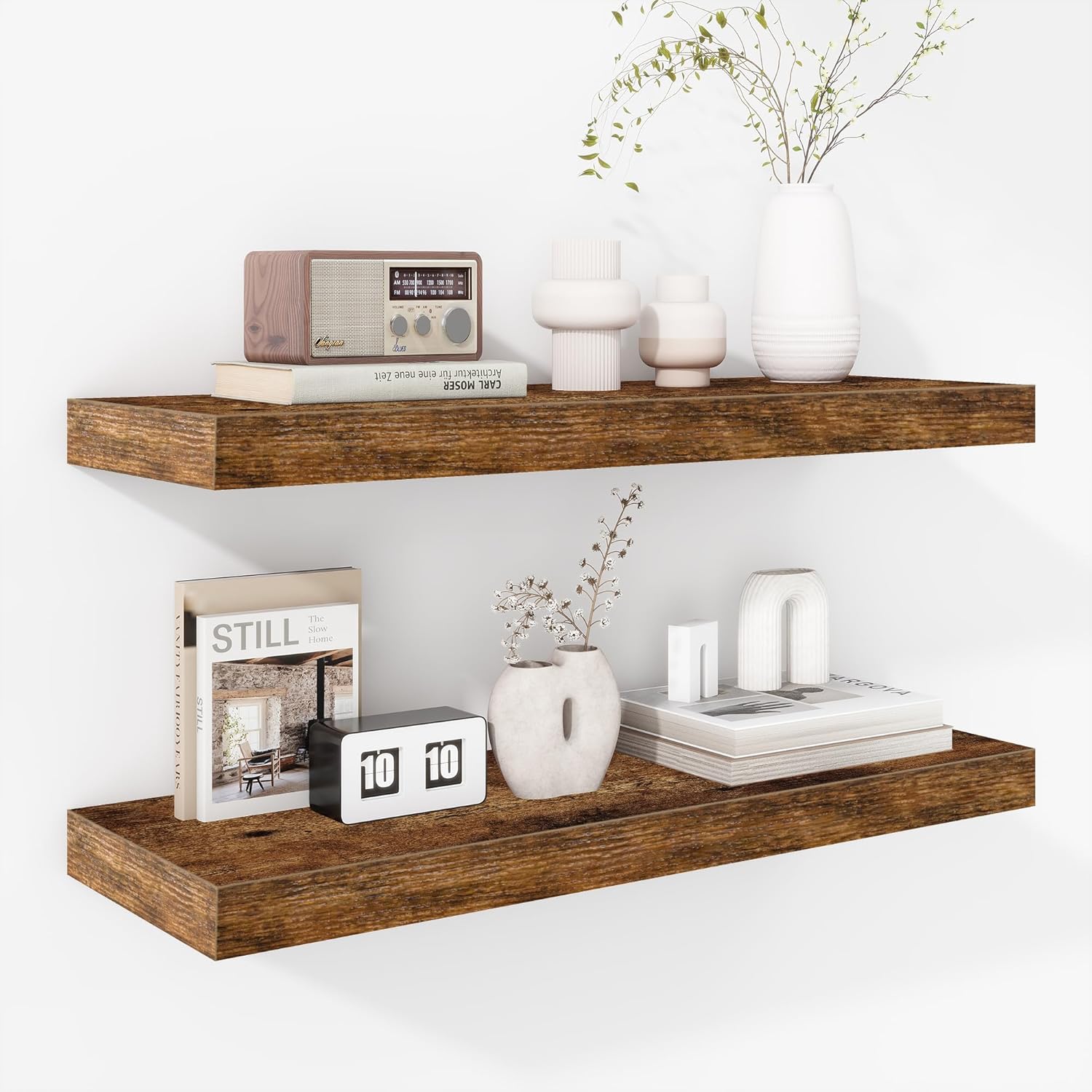 Fun Memories Floating Shelves - 16 Inch Wall Shelf for Decor & Storage - Wall Mounted Display Shelving with Invisible Heavy-Duty Metal Bracket 2Pack, Walnut