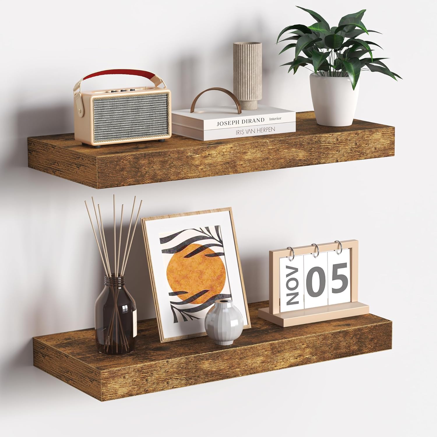 Fun Memories Floating Shelves - 16 Inch Wall Shelf for Decor & Storage - Wall Mounted Display Shelving with Invisible Heavy-Duty Metal Bracket 2Pack, Walnut