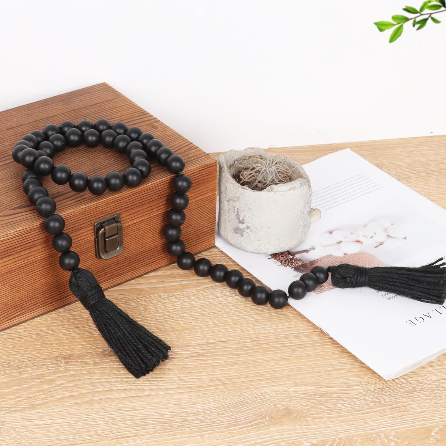 Wood Beads Garland with Tassels Farmhouse Rustic Prayer Boho Beads for Boho Home Decor, Wall Hanging Decoration (Black)