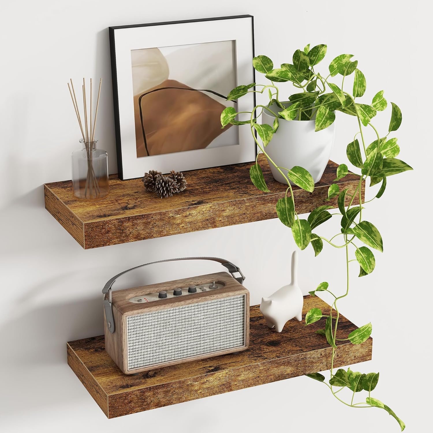 Fun Memories Floating Shelves - 16 Inch Wall Shelf for Decor & Storage - Wall Mounted Display Shelving with Invisible Heavy-Duty Metal Bracket 2Pack, Walnut