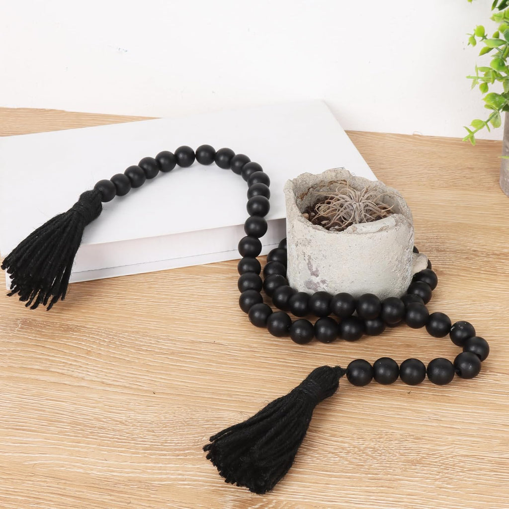 Wood Beads Garland with Tassels Farmhouse Rustic Prayer Boho Beads for Boho Home Decor, Wall Hanging Decoration (Black)