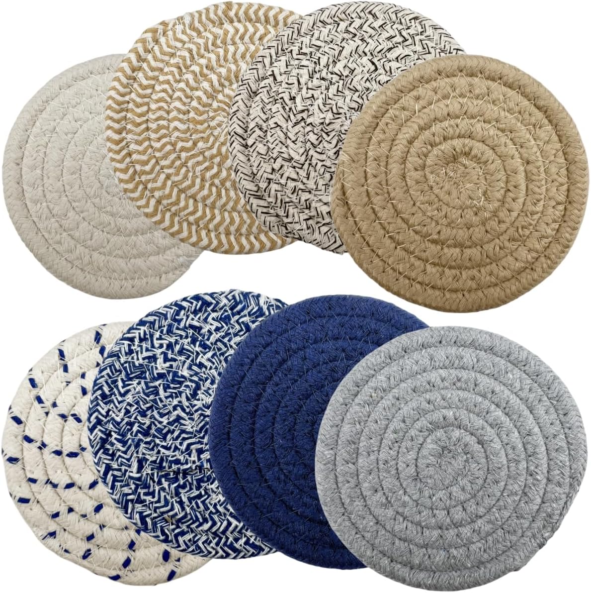 Handmade Woven Cotton Coasters - Set of 8 with Holder, Absorbent, Protects Tabletop - 4.3 Inch Diameter, 8 Colors