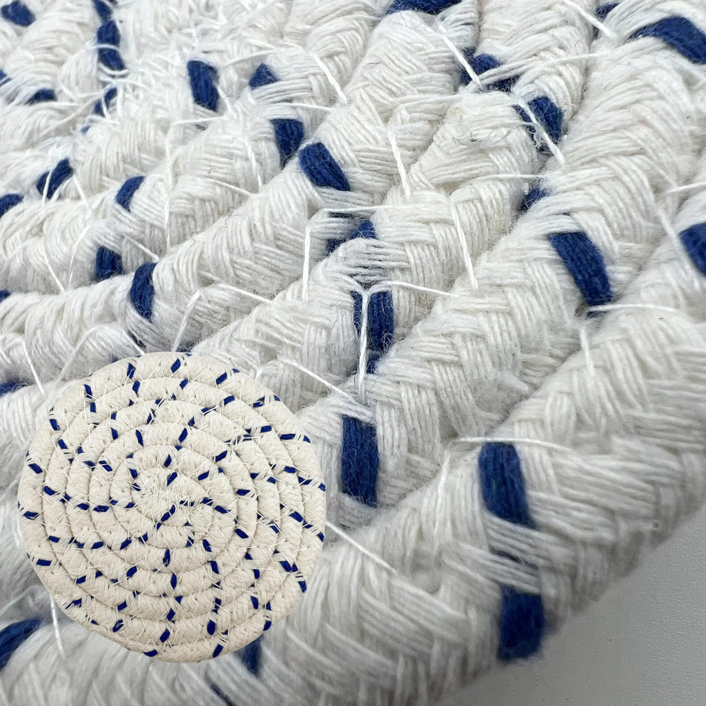 Handmade Woven Cotton Coasters - Set of 8 with Holder, Absorbent, Protects Tabletop - 4.3 Inch Diameter, 8 Colors